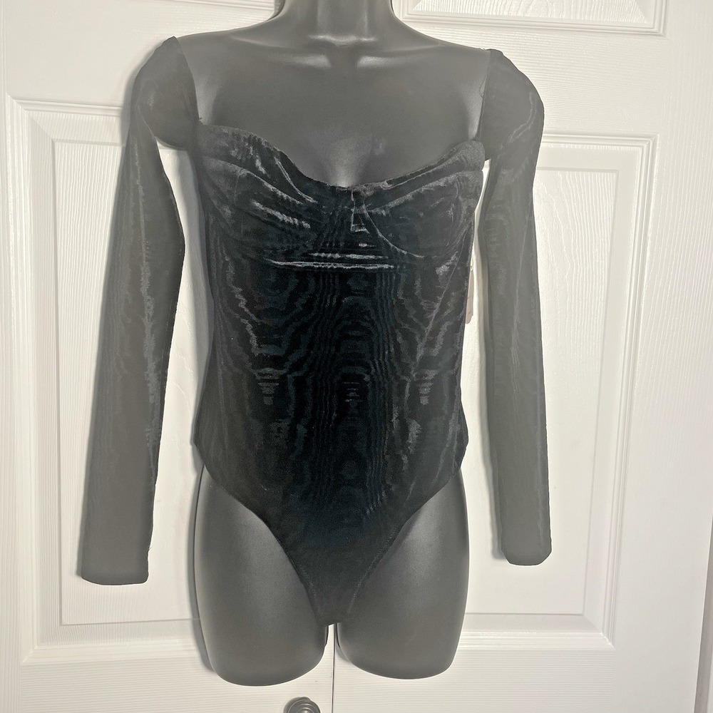 Camila Coelho Tia Velvet Bodysuit Women Medium Black Off Shoulder Underwire Goth